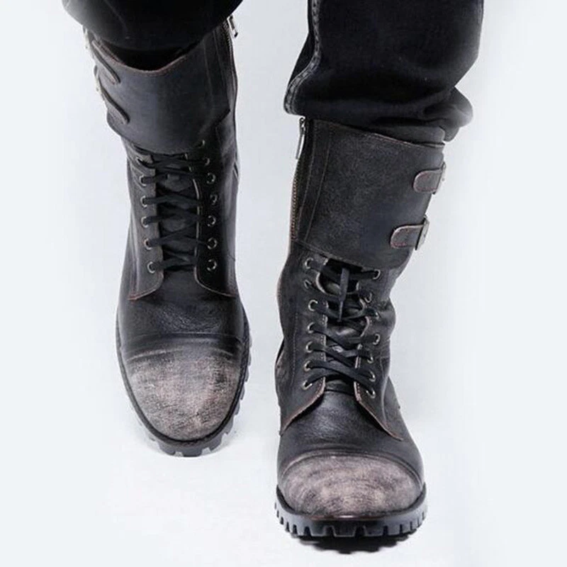 Men's Cowboy Military Punk Comfortable Leather Buckle Combat Mid Calf Army Boots Foto 2 de 4