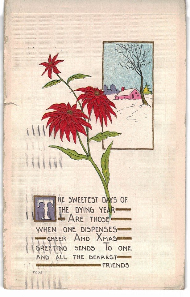 C1910 Hand Color Gilt Embossed Poem Red Flower Pink House Chimney Snow