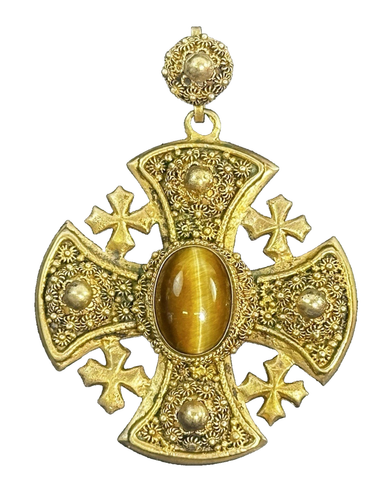 Vintage Grobes Jerusalem Malteser Kreuz 950 Silber Tigerauge Anhänger - Bild 1 von 2