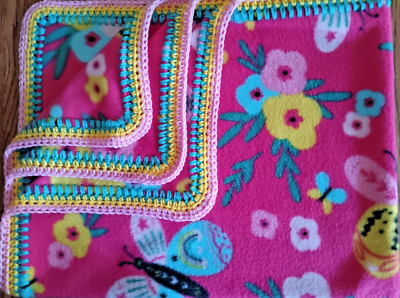 Fleece Baby Blanket Crochet Edge Butterflies Floral Flowers Pink Soft    30 x 39