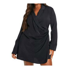 BooHoo Plus Wrap Ruched Blazer Dress Women’s 20 Black V-Neck Long Sleeve Plunge