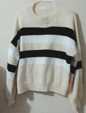 Women s Stripe Sweater Drop Shoulder, Knitted, Size small-Med Beige