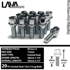 20PC CHROME 12X1.5 CONICAL SEAT LUG BOLT 28MM SHANK FIT BMW/MINI/SAAB/LOTUS/MORE