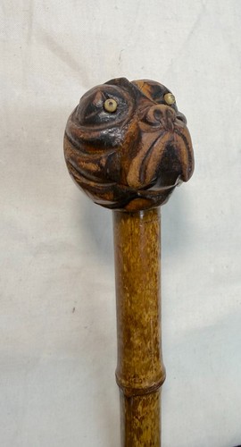 Antique 19th century hand carved Folk Art bull dog walking stick cane sculpture