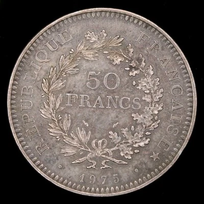 50 francs Hercule 1975 – Argent 900‰ – 30 g – Belle patine – Tranche à motifs - Photo 1/4