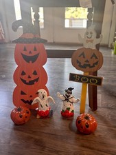 Assorted 6 Piece Halloween Decor Lot Pumpkins Ghosts Yard Stake Wall Hanger