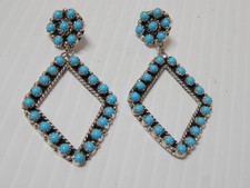 VINTAGE ZUNI PUEBLO INDIAN TURQUOISE STERLING SILVER CLUSTER EARRINGS LRG+SHOWY