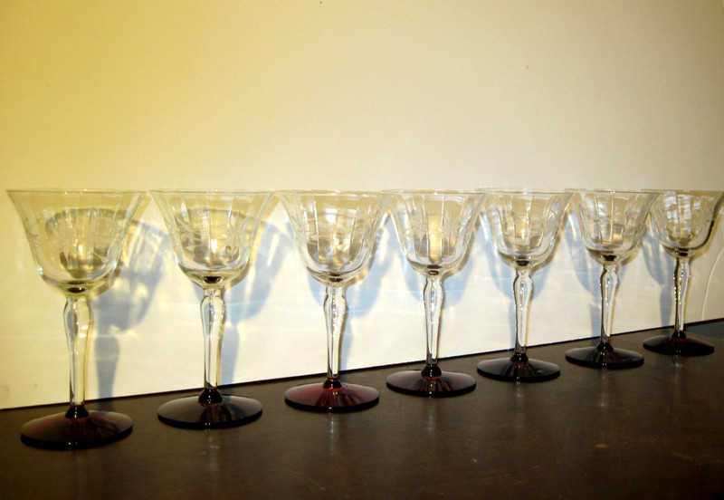7 Vintage Weston Wine Glasses Etched Star Flower Clear w/Ruby Red Base 5-3/8"
