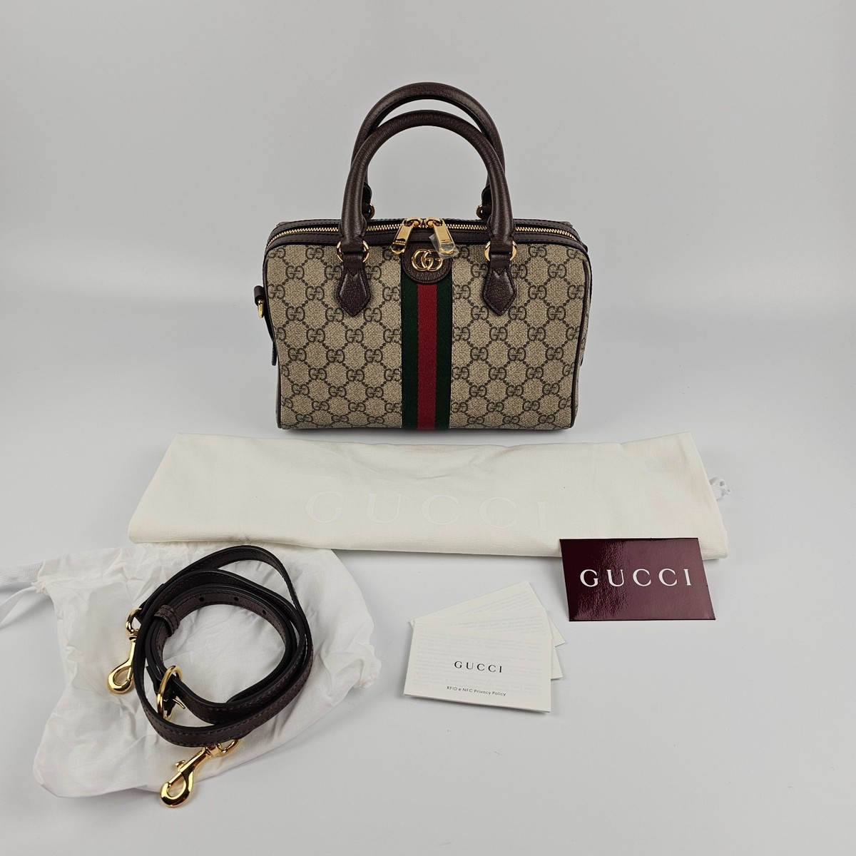 GUCCI Ophidia Medium Boston Beige/Dark Brown GG Canvas Top Handle