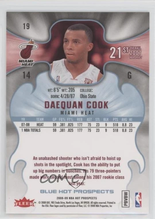 2008-09 Fleer Hot Prospects Blue Daequan Cook #19 - Image 2 of 2