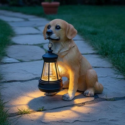 Creature En Résine avec Lanterne Solaire Décor Extérieur Statue de Chien Doré - Photo 1/4