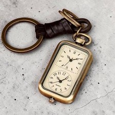 Antique Style Keychain Watch Leather  Brass Look Dual Time Unisex Vintage Gold