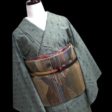Kimono only/ Unused Silk Japanese Kimono Handwoven TSUMUGI Tall size Smoky Green