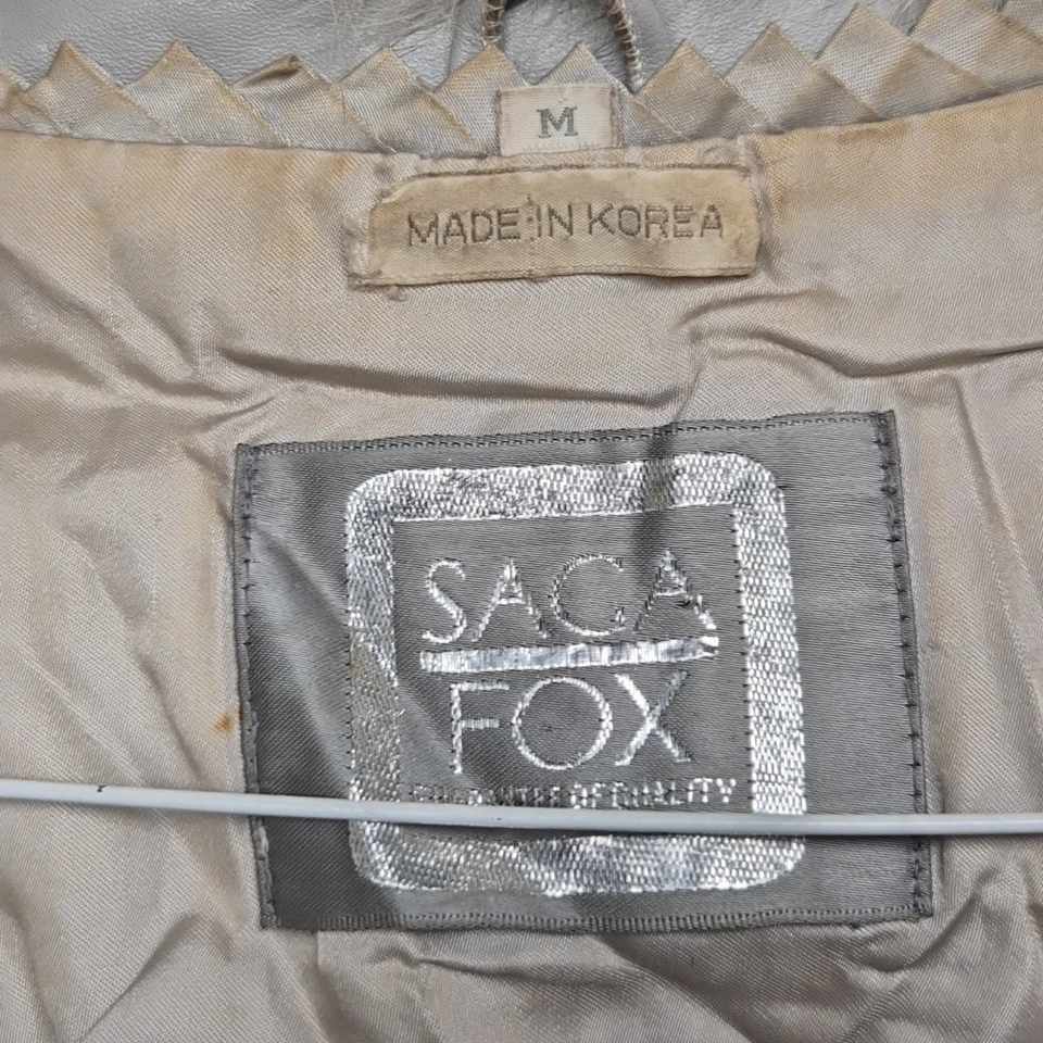 Abrigo de piel de zorro Saga de colección etiqueta plateada blanco tostado marrón talla M cuello necesita reparación Foto 4 de 4