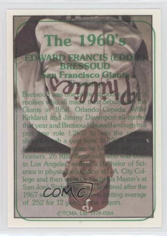 1978 TCMA The 1960's I Green Back Printing Errors Eddie Bressoud #1978-0164 - Image 2 of 2