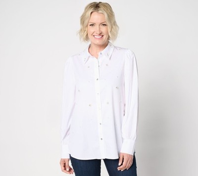 Wacoal Women's Top Plus Sz 2X Cotton Button Front Embellishments White A660896