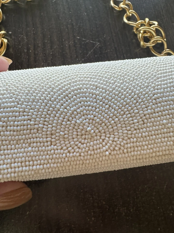 Bolso de noche vintage Walborg marfil con cuentas a mano con espejo original. Japón Foto 3 de 4