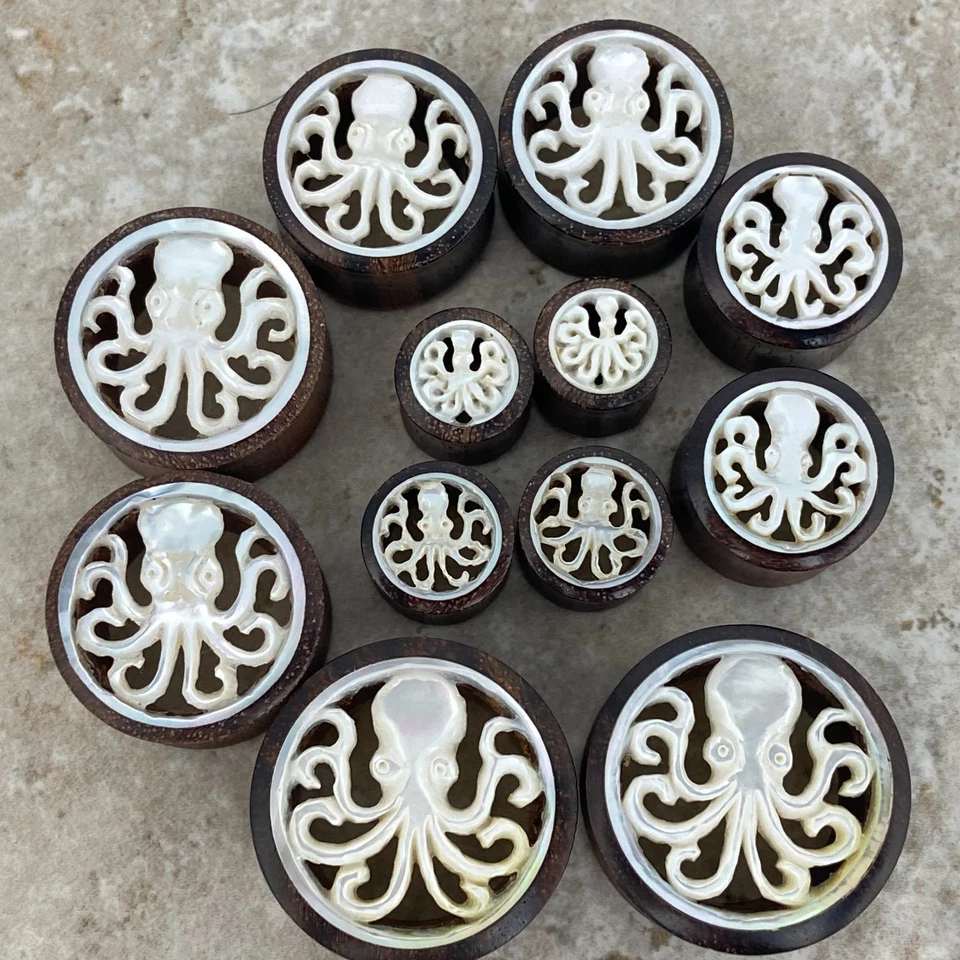 Par de Túneles Pulpo Madreperla Madera Sono Medidores Tapones Orgánicos Foto 4 de 4