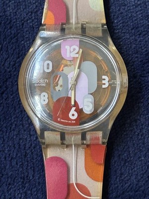 Swatch Swiss Quartz Analog Watch Clear Plastic Case Multicolor Dial Water-Resist