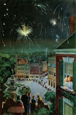   Nostalgic City Fireworks Art Print - 1950s Celebration Vibes!   - 24x36 