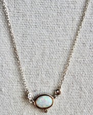 925 Sterling Silver White Fire Opal Station Necklace Diamond accents 18” Elegant
