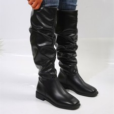 Womens Knee High Riding Boots Winter Slouch Mid Calf Square Toe Warm Long Boots