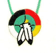 3" Beaded Rosette Medicine Wheel Necklace w Feathers Native Regalia Aqua 04
