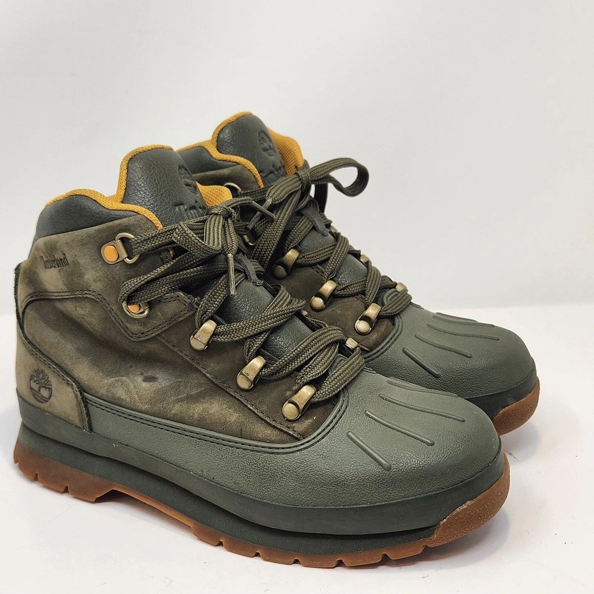 Timberland Kids Youth 4.5 Green Combat Lace Up Boots Hiking Snow Outdoor Timberland Lace Up Boots Boys Size 4.5 Green Suede Leather  main image 4