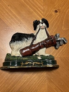 VTG Dog Carrying Golf Clubs DOOR STOP Shelf Decor Golfers Border Collie Retro