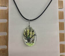 20" Black Pendant Necklace Flower Tree Lacework Resin Two Sided Round New 379