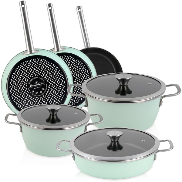 Batería Cocina Inducción 9 Piezas Antiadherente Cazuelas Sartenes, Tapas Vintage