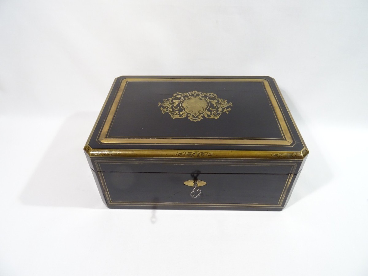 Coffret à Bijoux En Bois Massif - Laiton Doré Et Plaques Porcelaine - XXème Siècle