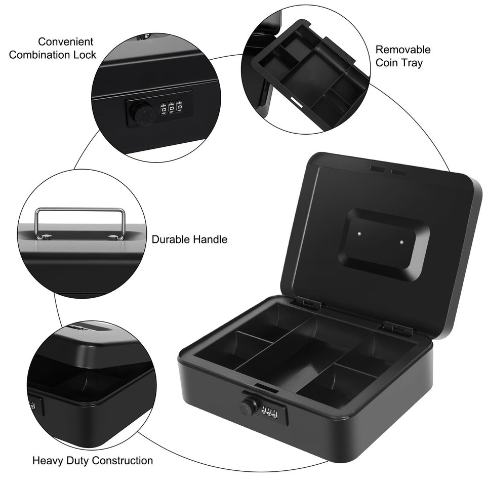 Cash Box with Money Tray and Combination Lock, Metal Money Box for Cash