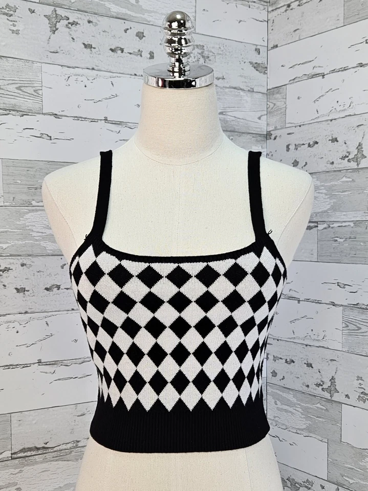 Cárdigan a cuadros Mango para mujer pequeño negro blanco 2 piezas camiseta sin mangas recortada Foto 3 de 4