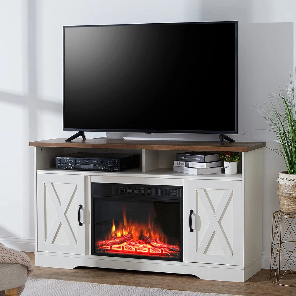 Log tv clearance stand with fireplace