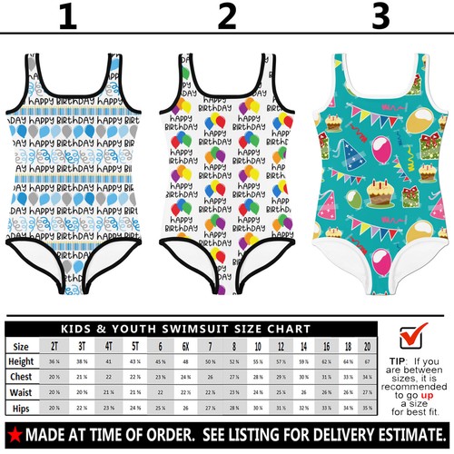Kids Happy Birthday Swimsuit #1 - Baby Girl Teens Bathing Suit Pool Party - Picture 8 of 30