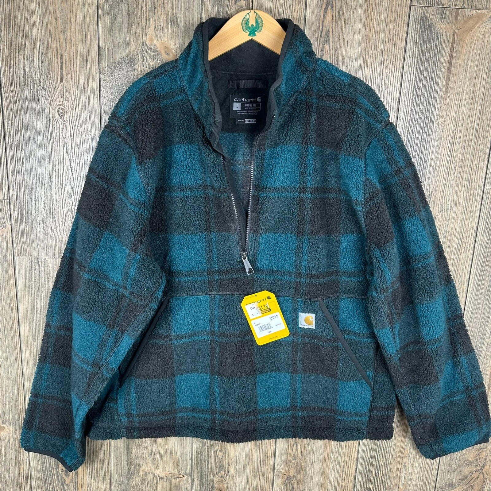 Carhartt NWT Sherpa Lined Quarter Zip Pullover Green Black Plaid Mens Size Large