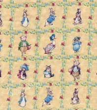 Beatrix Potter Fabric Benjamin Bunny Yellow Lattice Baby Nursery Squares  FQ