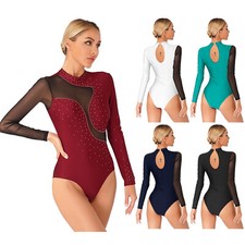 Women Gymnastics Dance Leotards Long Sleeve Rhinestone Mesh Ballet Dancewear