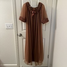 Vintage Tosca Nightgown Robe Peignoir Set Silky Nylon Brown Lace Size Small