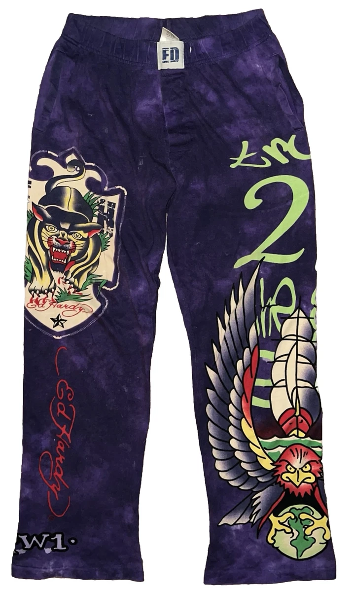 Y2k Mens Ed Hardy American Traditional Purple Tiger Bird Sweatpants Size  Medium