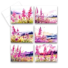 12 All Occasion Note Cards Blank with Envelopes - Pink Wildflowers ( 2 of Each )
