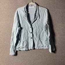 Willow Womens Jacket Size Medium Blue Pinstriped Linen Blend Button Front Pocket