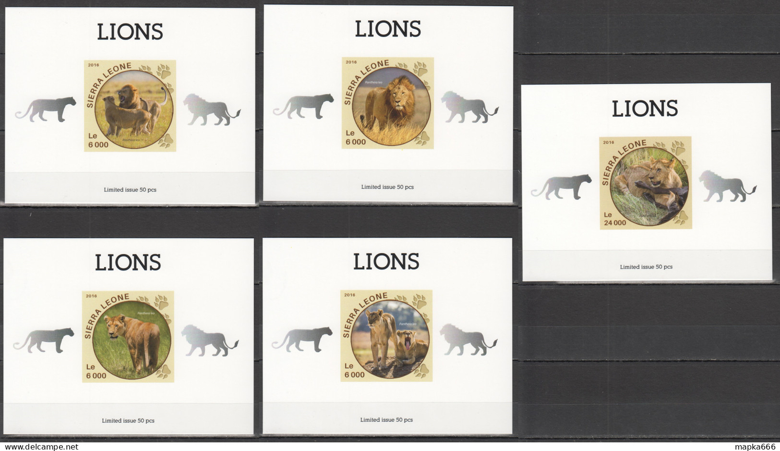 LX497 IMPERF 2016 SIERRA LEONE ANIMALS WILD CATS LIONS UV CARDBOARD 5BL ...