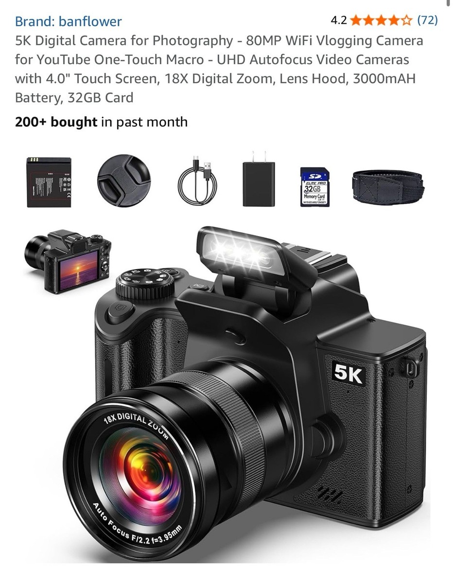 5K Digital Camera for Photography 80MP WiFi Vlogging Camera for 5K 80MP  Black - Main Image