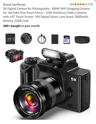 5K Digital Camera for Photography - 80MP WiFi Vlogging Camera for 5K 80MP Black