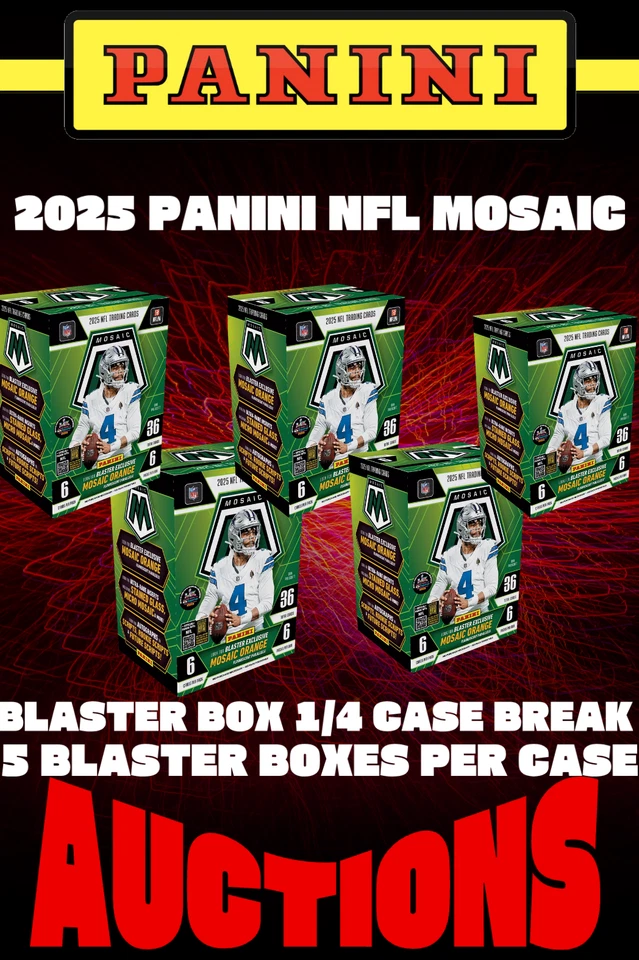 $1 Auctions. 2025 Panini Mosaic NFL Blaster Box 1/4 Case Break (5 boxes)