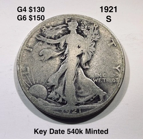 1921-S Walking Liberty Half Dollar, Key Date. Good