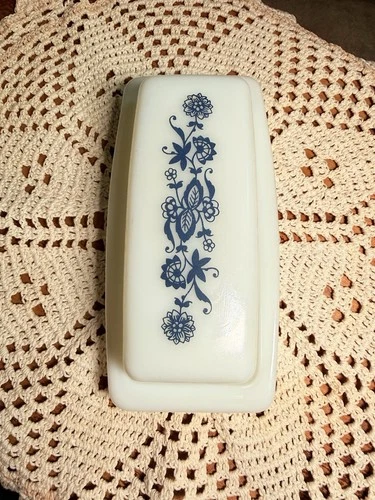 Vintage Pyrex Old Town Blue Butter Dish with Lid Onion Pattern Milk Glass
