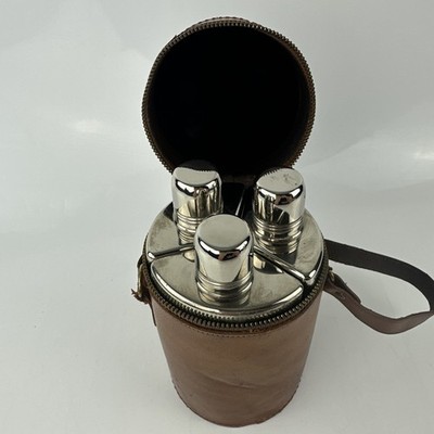 Vintage 3 Container Glass Flask Set In Genuine Leather Carrier Chrome England